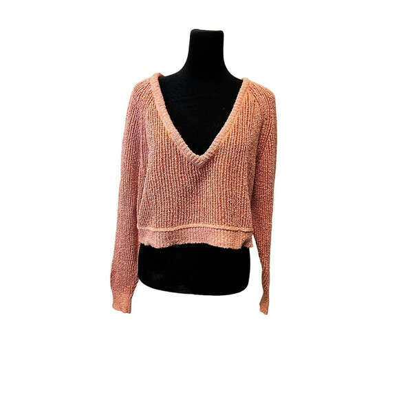 Free People Orange Pink Long Sleeve Deep V Neck Knit Cropped Sweater Size XS - Picture 2 of 11